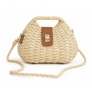 Alilang Round Woven Raffia Top Handle Crossbody Bag Natural Tan Purse NWOT